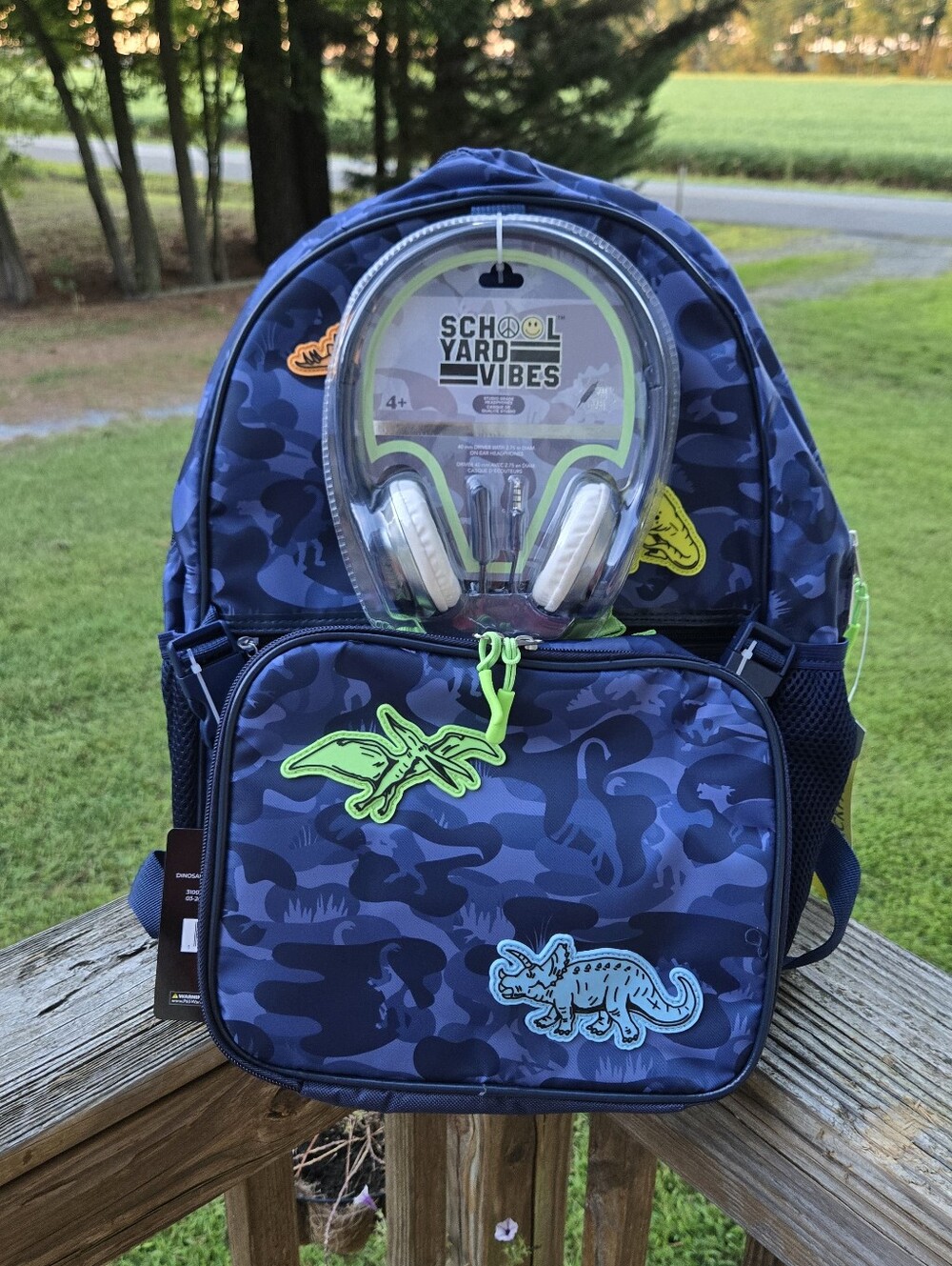 Kids Navy Camo Dino Backpack with Headphones And Lunchbox
